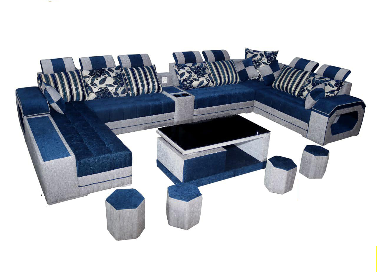 Modern Luxury Velvet U Shaped Sofa Set For Living Room Office with Four Round Seats/Muda and Tea Table, Blue Grey