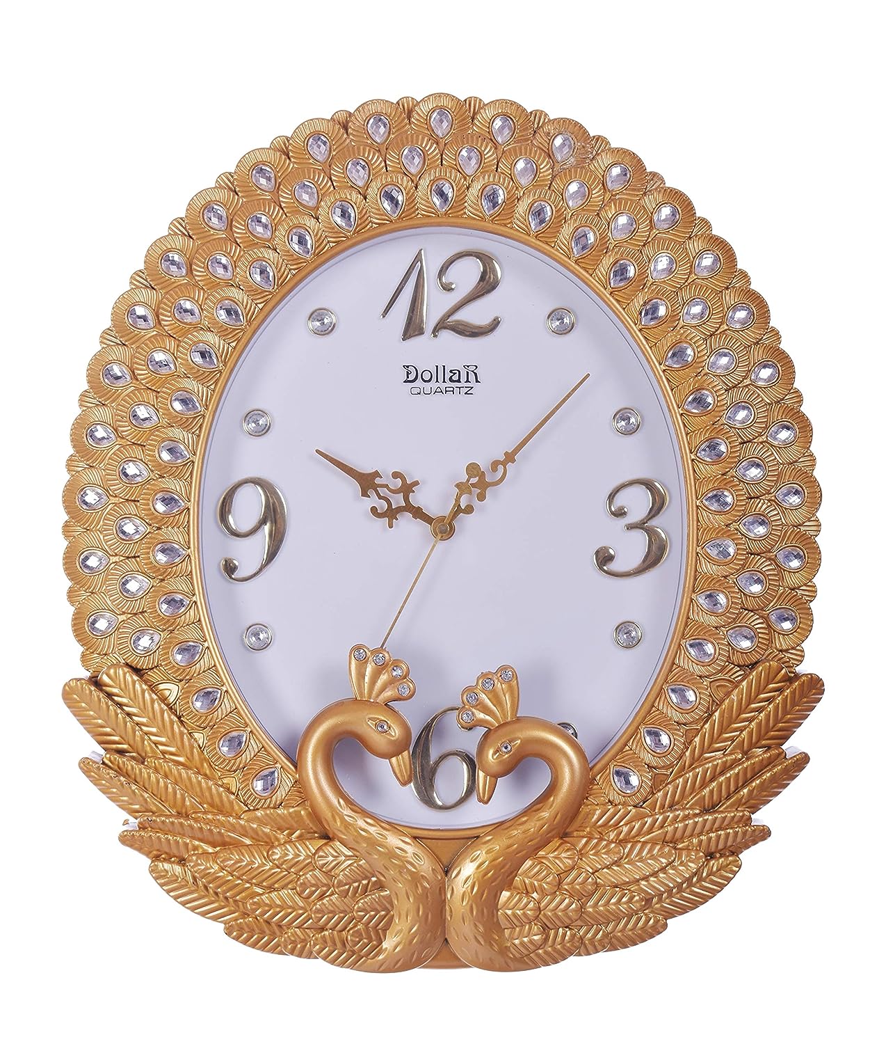 Kuber Analog Peacock with Diamond Wall Clock (43 x 37 cm, Golden)