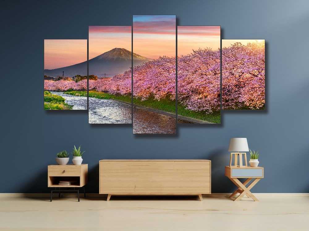 5 Piece Premium Quality HD Wall Art Picture Mount Fuji and Cherry Blossom on Canvas for Living Room Decor Solid Wood Inner Frame