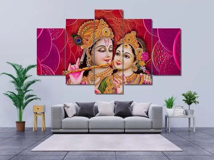 5 Piece Premium Quality HD Wall Art Picture Lord Radha Krishna on Canvas for Living Room Decor Solid Wood Inner Frame