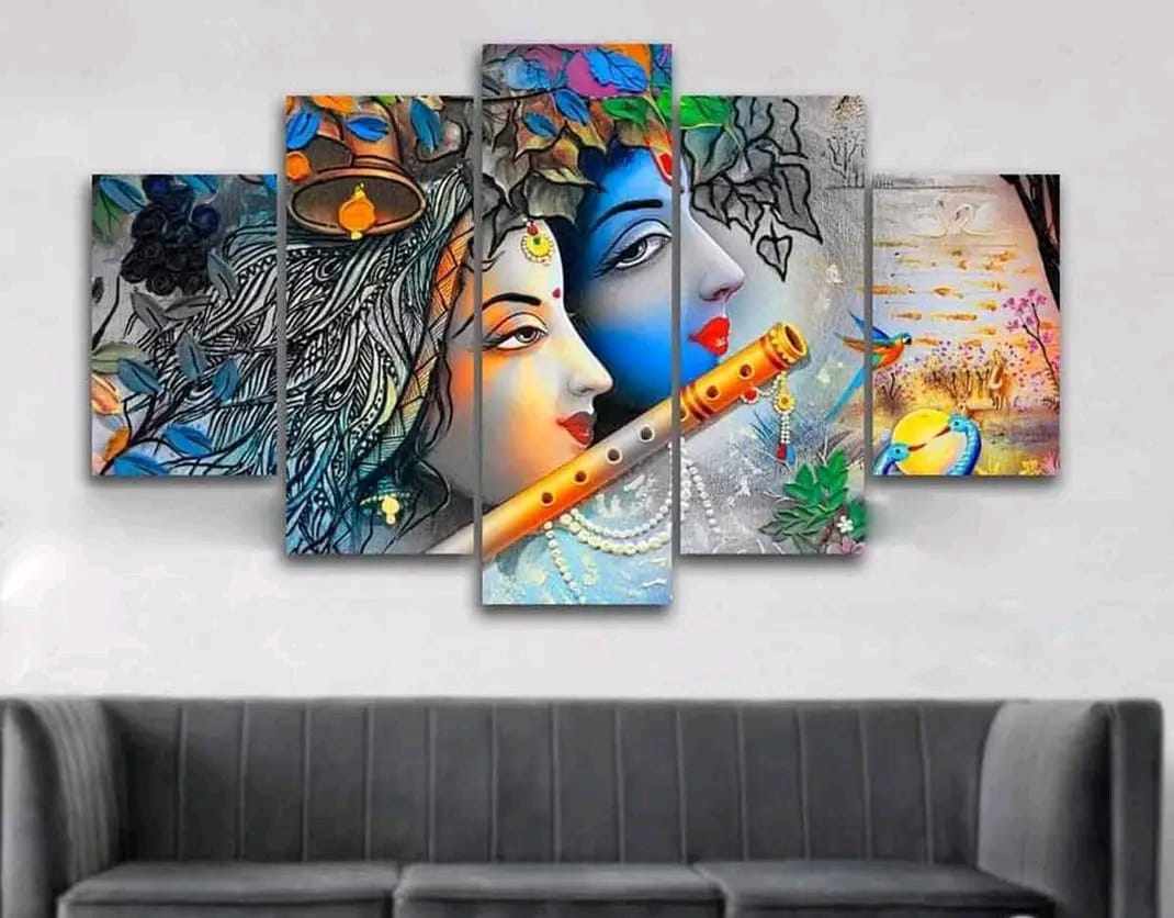 5 Piece Premium Quality HD Wall Art Picture Radha Krishna on Canvas for Living Room Decor Solid Wood Inner Frame