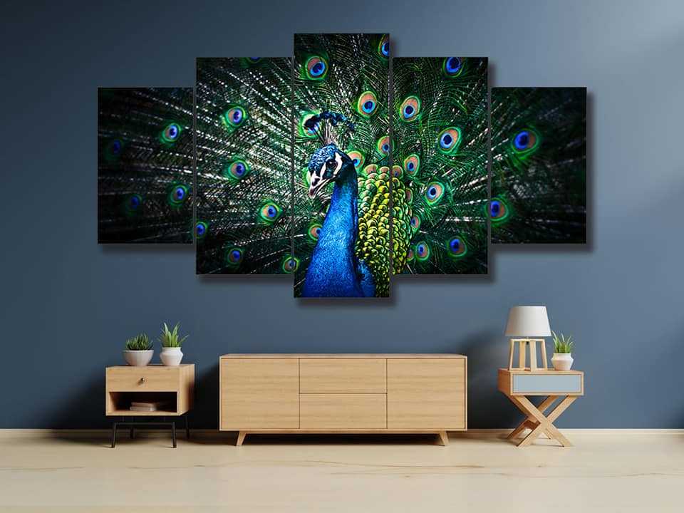 Canvas wall art 5 piece picture of peacock modern living room kitchen decoration ready to hang