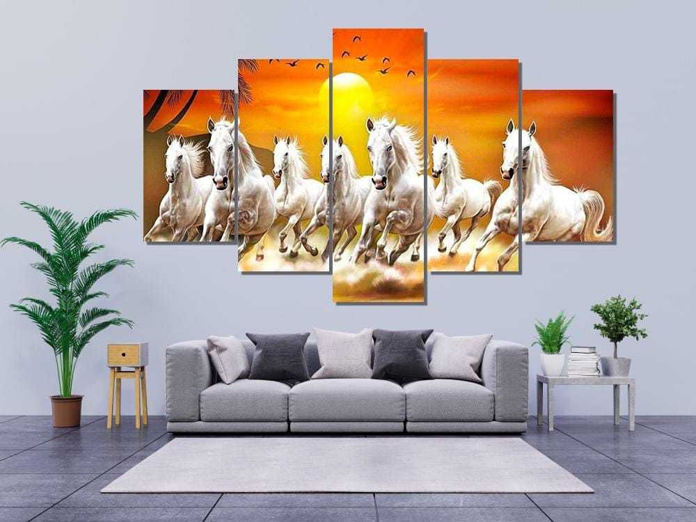 Canvas wall art 5 piece picture of White horse racing modern living room kitchen decoration ready to hang