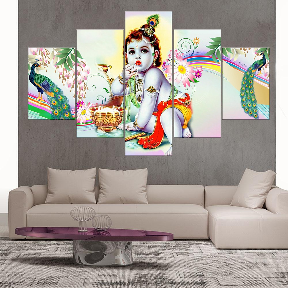 Canvas Wall Art 5 Piece Picture of Lord Krishna Modern Living Room Kitchen Decoration Ready To Hang