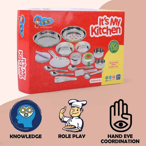 Kitchen Set With 17 Stainless Steel Cooking & Serving Utensils For Kids