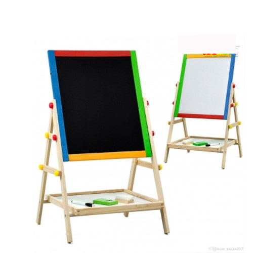 Dry Erase Drawing Board Kids 2 In 1 Black/White Wooden Adjustable Easel Chalk Double Sided Revolving Board Drawing Children