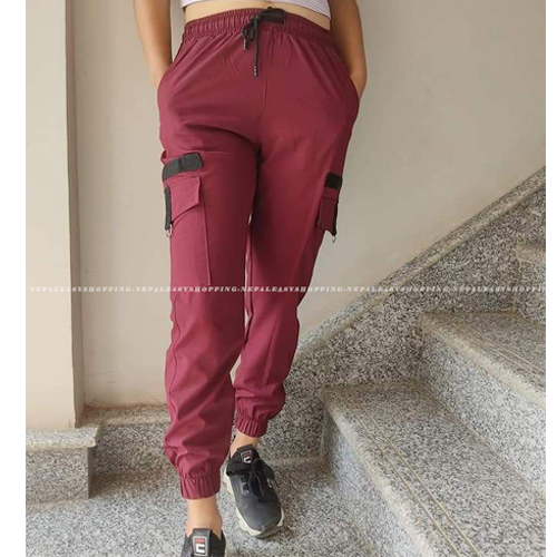 Women's Casual Stretch Drawstring Maroon Jogger Pants  with Pockets
