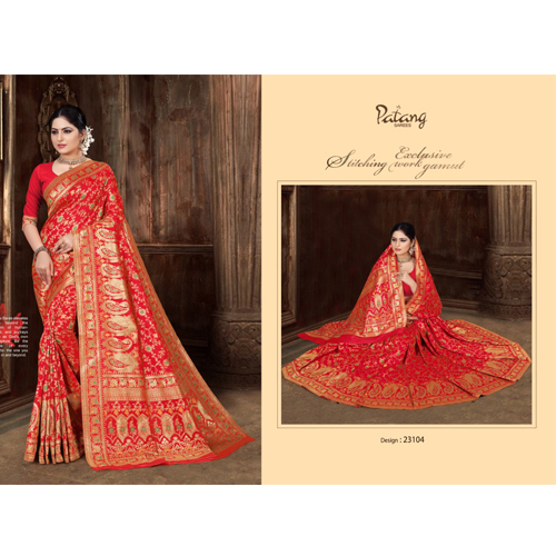 Patang International Banarasi Silk Red Woven design with Blouse and Golden Border Design