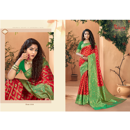 Patang International Banarasi Silk Red And Green Woven design with Blouse and  Border Design