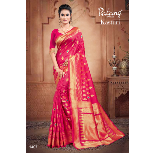 Patang Kasturi International Banarasi Silk Red Woven design with Golden Border Design