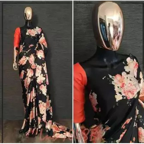 Black Floral Digital Print Japanese Satin Silk Saree With Blouse Piece For Women