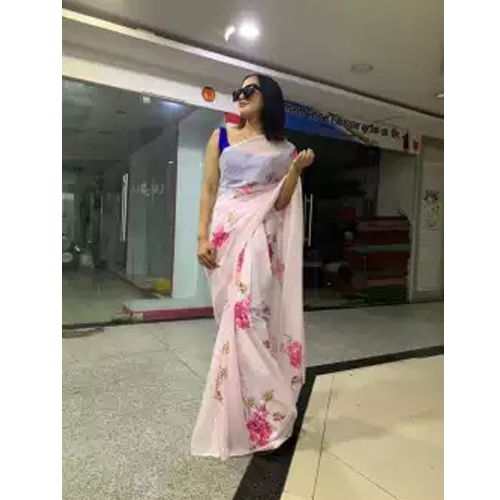 Grey/Pink Floral Printed Saree With Unstitched Blouse For Women