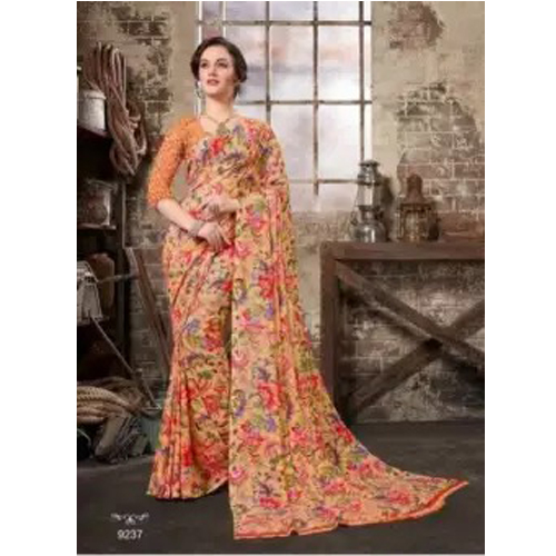 Orange/Red Floral Printed Saree With Unstitched Blouse For Women