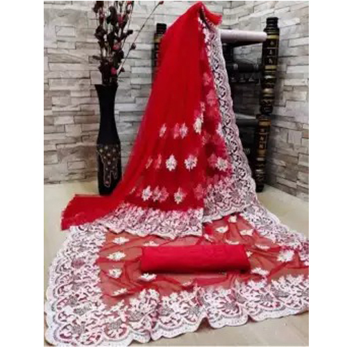 Red/White Heavy Embroidered Net Saree With Unstitched Blouse Piece For Women