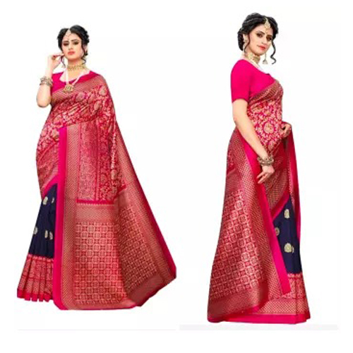 Dark Blue/Pink Mysore Silk Printed Saree With Unstitched Blouse Piece For Women
