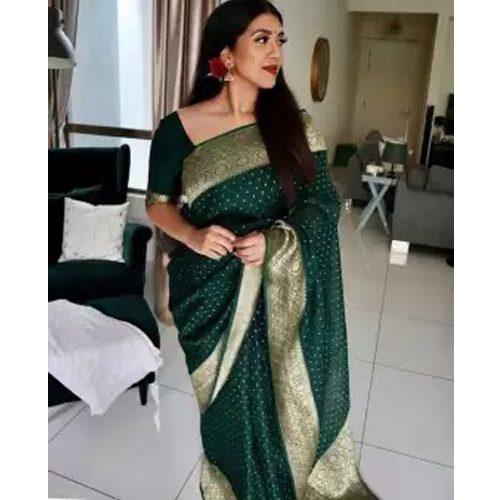Green/Gold Soft Litchi Silk Saree With Unstitched Blouse For Women