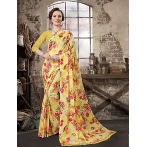 Yellow/Red Floral Printed Saree With Unstitched Blouse For Women