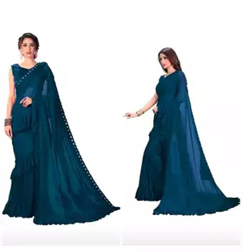 Turquoise Blue Ruffle Lycra Saree With Unstitched Blouse For Women