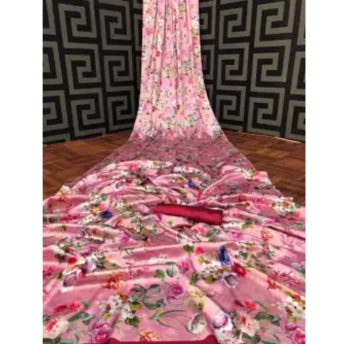 Pink Floral Digital Print Japanese Satin Silk Saree With Unstitched Blouse For Women