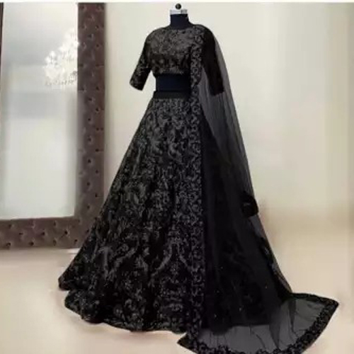Black Embroidered Semi Stitched Lehenga With Shawl For Women