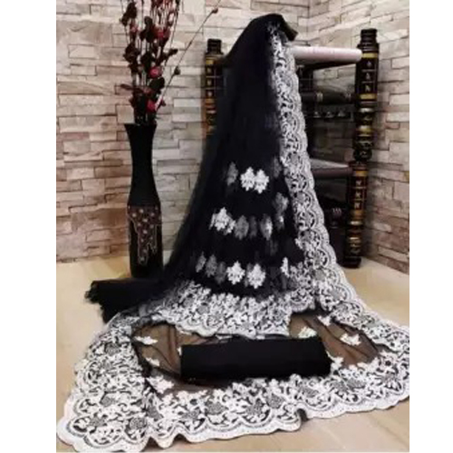 Black/White Heavy Embroidered Net Saree With Unstitched Blouse Piece For Women