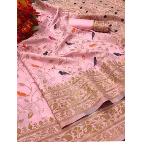 Pink/Gold Soft Litchi Silk Mina Zari Weaving Saree With Unstitched Blouse For Women