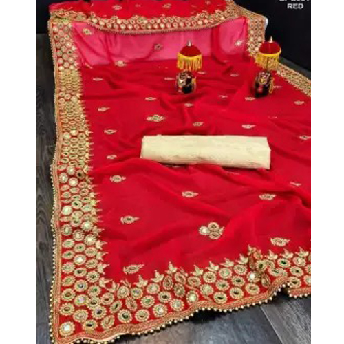 Red Embroidered Mirror Work Saree With Unstitched Blouse Piece For Women
