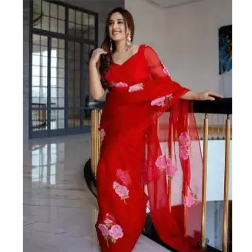 Red Embroidered Work Organza Silk Saree With Semi-Stitched Full Work Blouse Piece For Women