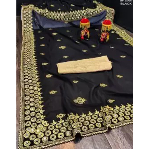 Black Embroidered Mirror Work Saree With Unstitched Blouse Piece For Women