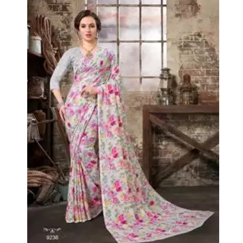 Grey/Pink Floral Printed Saree With Unstitched Blouse For Womens