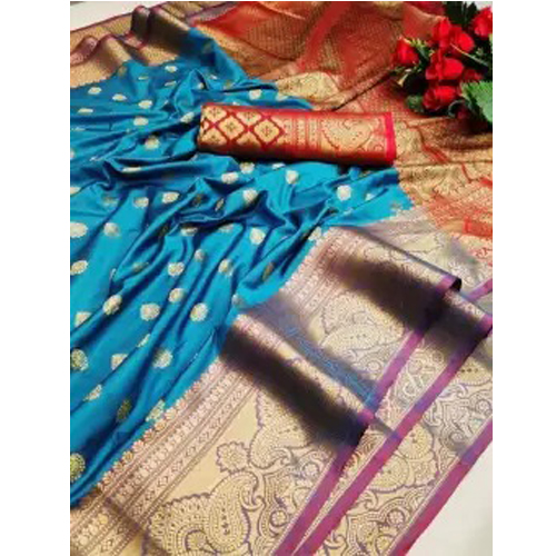 Turquoise Cotton Silk Saree With Unstitched Blouse Piece For Women