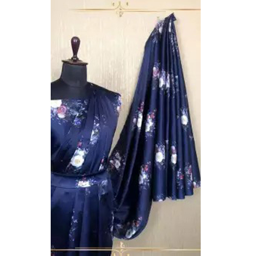 Navy Blue Floral Digital Print Japanese Satin Silk Saree Unstitched Blouse Piece For Women
