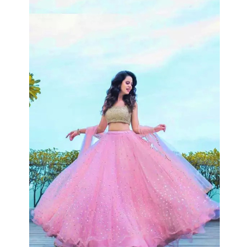 Pink Embroidered Semi Stitched Net Lehenga With Shawl For Women