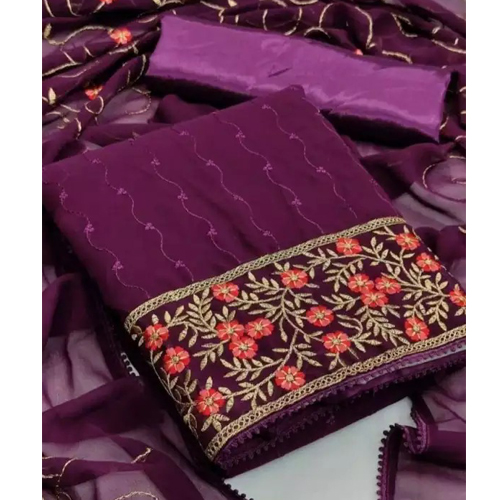 Purple/Wine Embroidered Work Kurta Salwar And Shawl Set For Women