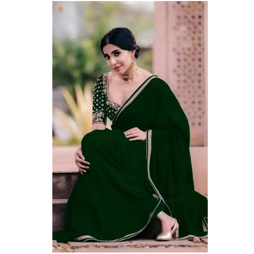 Green/Golden Georgette Saree With Unstitched Blouse For Women