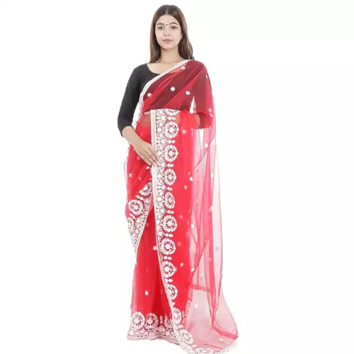 Red Net Floral Embroidered Saree With Unstitched Black Blouse For Women