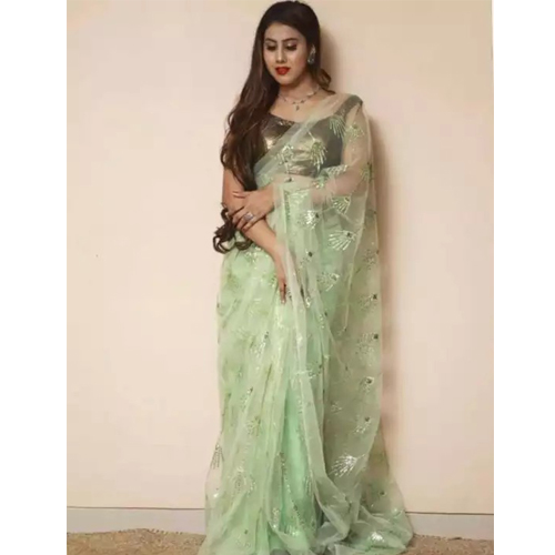 Green Embroidered Saree With Unstitched Blouse Piece For Women