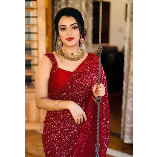 Red Sequin Saree With Unstitched Blouse Piece For Women