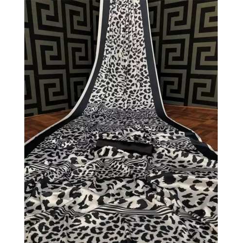 Black/White Animal Print Premium Japanese Satin Silk Saree With Unstitched Blouse For Womens