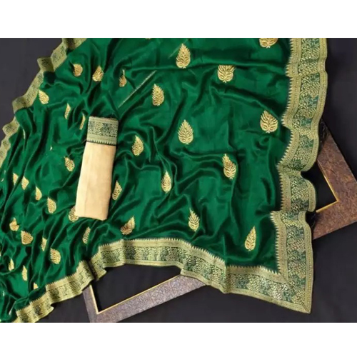 Green/Golden Vichitra Silk Saree With Unstitched Blouse For Women