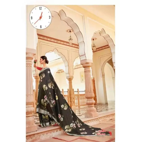 Black Floral Print Pure Linen Saree With Unstitched Blouse For Women