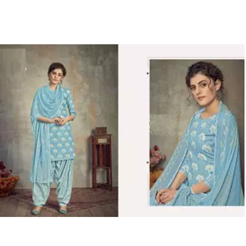 Blue Cambric cotton Kurta Salwar And Shawl Set For Women