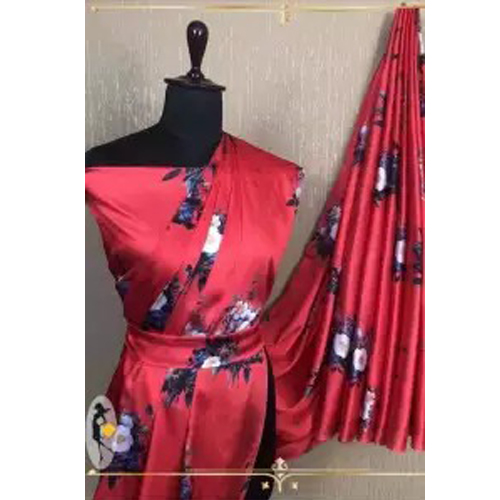 Red Floral Print Japanese Satin Silk Saree With Unstitched Blouse For Women