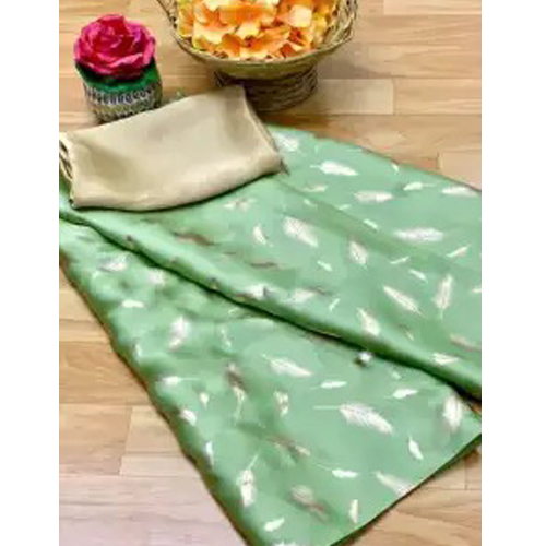 Mint Green/Gold Digital Print Premium Satin Georgette Silk Saree With Unstitched Blouse For Women