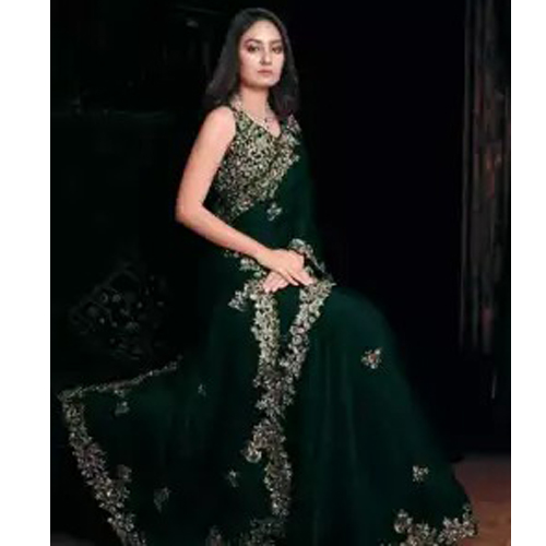 Bottle Green Embroidered Work Georgette Saree With Blouse Piece For Women
