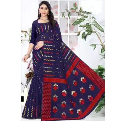 Dark Blue Dhaka Print Cotton Silk Saree With Unstitched Blouse For Women