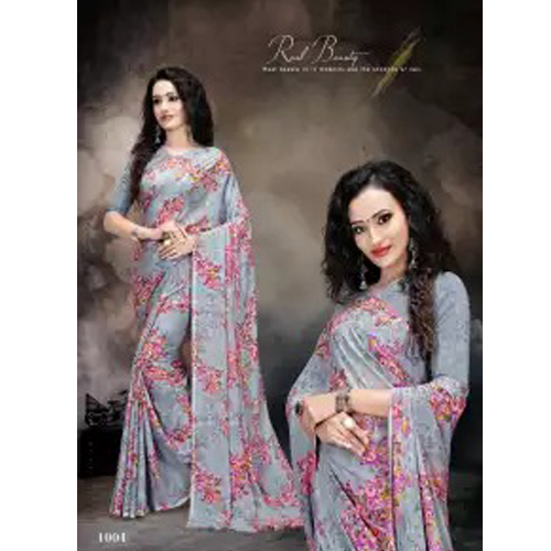 Grey/Pink Floral Printed Sarees With Unstitched Blouse For Women
