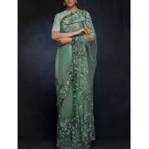 Designer Light Green Embroidered Work Saree With Unstitched Blouse For Women