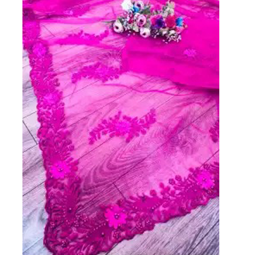 Pink Designer Net Embroidered Saree With Unstitched Blouse For Women