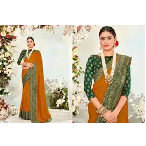 Orange/Green Vichitra Silk Saree With Unstitched Blouse For Women